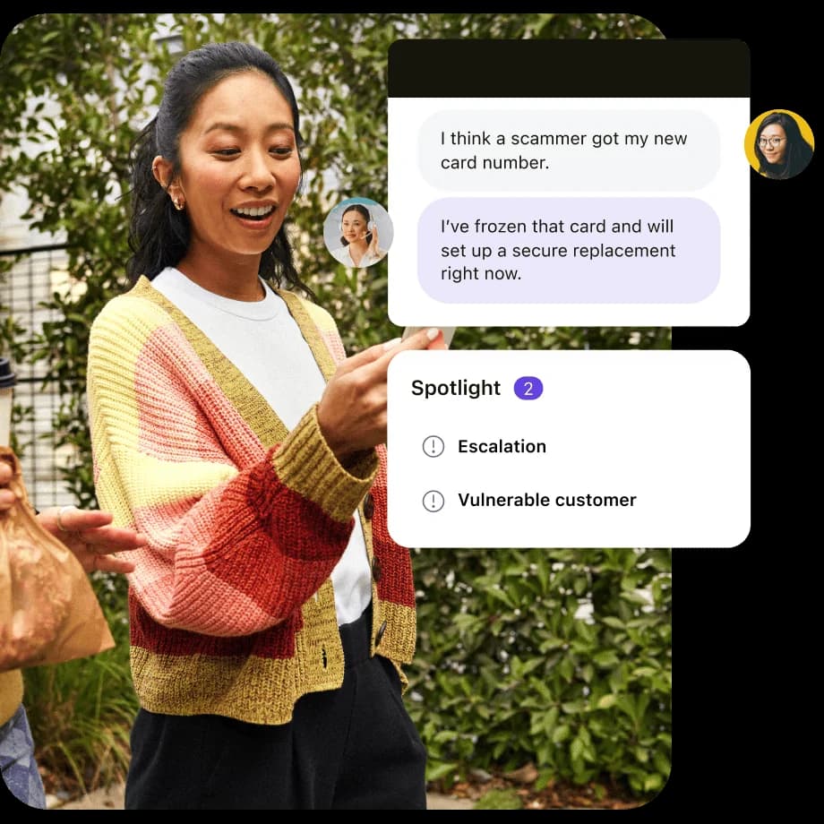 Spotlight automatically flagging a live conversation for escalation risk and a vulnerable customer