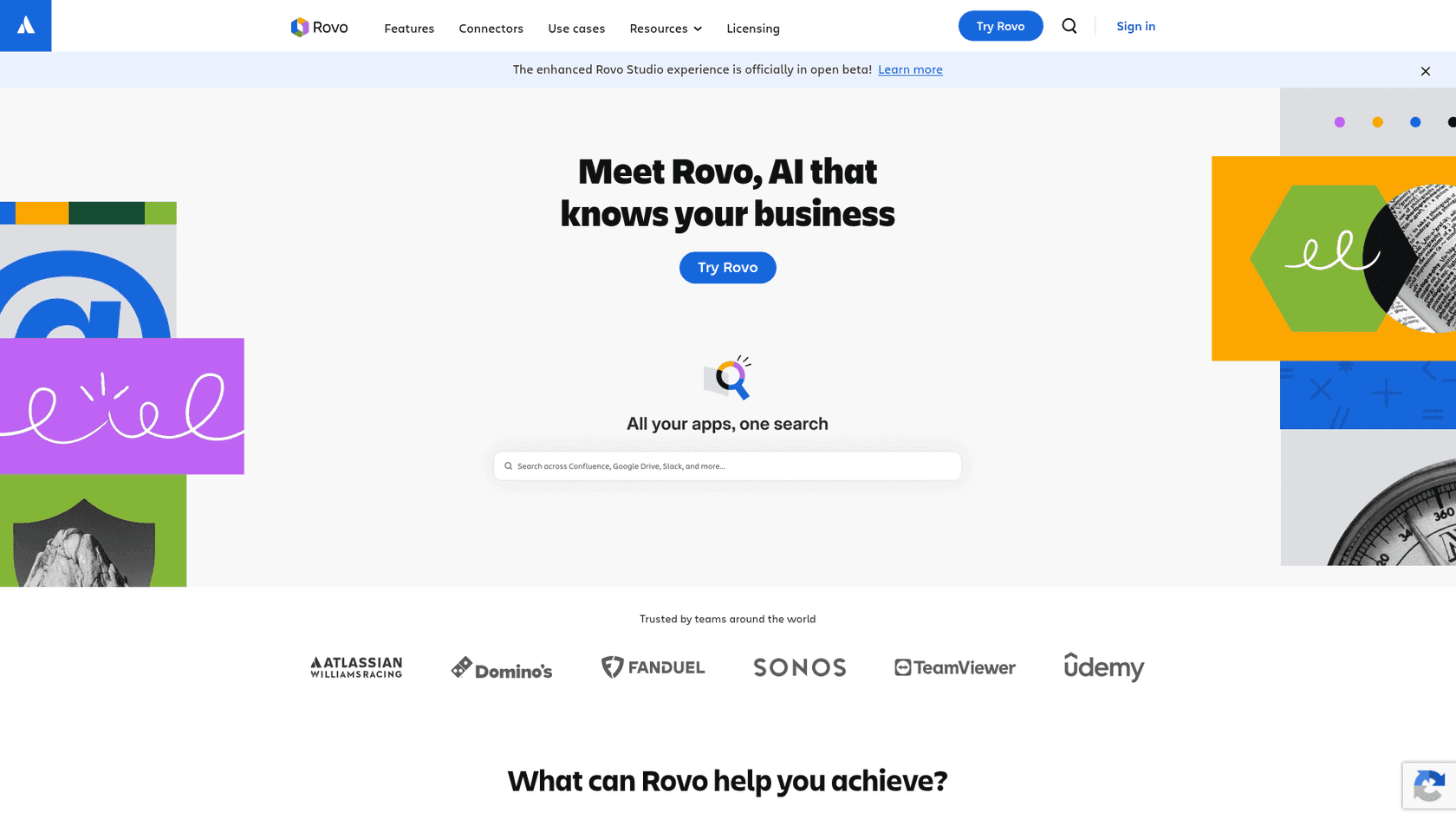 Página del producto Rovo de Atlassian mostrando respuestas inteligentes y búsqueda entre herramientas, tomada de Atlassian Rovo