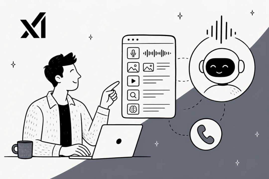 Grok Voice Agent Builder review hero banner, xAI's no-code voice AI agent platform