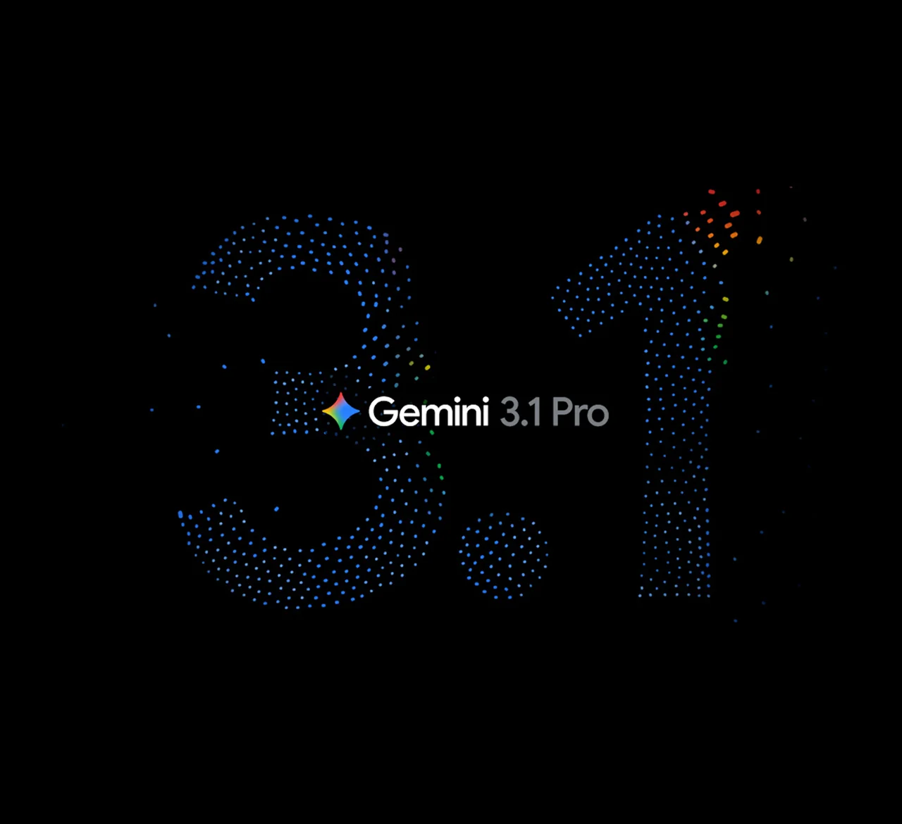 Offizielle Gemini 3.1 Pro-Startgrafik mit großen blauen Punktmatrix-3.1-Ziffern und dem Google-Stern-Logo, von Google DeepMind