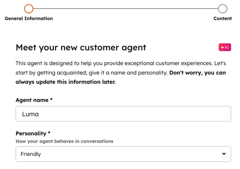 HubSpot Breeze Customer Agent setup screen titled Meet your new customer agent, with fields for agent name and personality, as shown on HubSpot