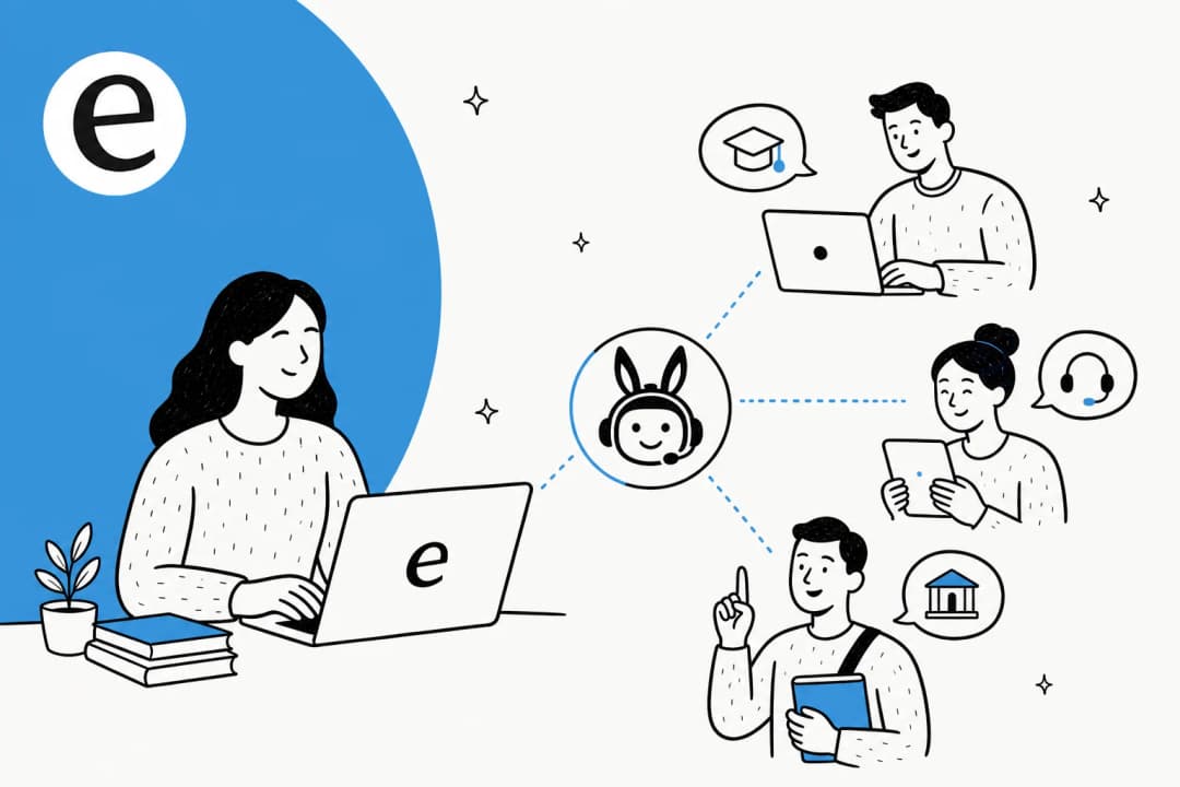 Illustration of an AI customer service agent helping students, instructors, and parents on an edtech platform