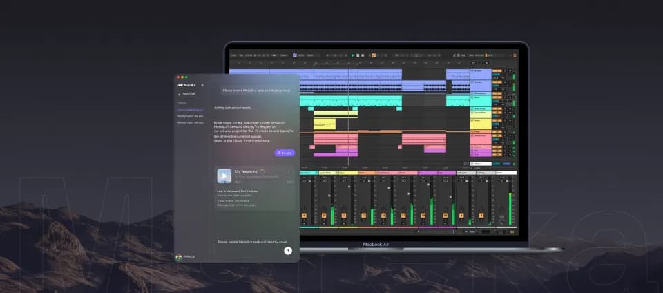 Plugin de IA Mureka mostrando uma interface de chat à esquerda e uma visualização completa de faixa de DAW à direita, rodando em um MacBook Air