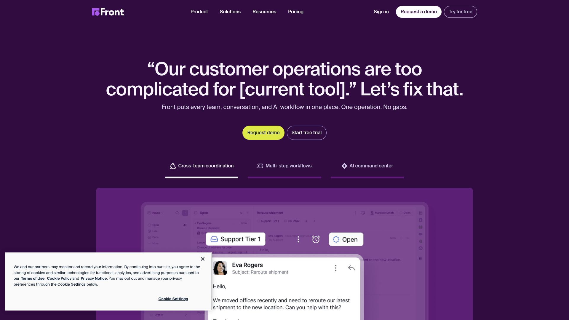 The Front homepage, positioning it for complex customer operations