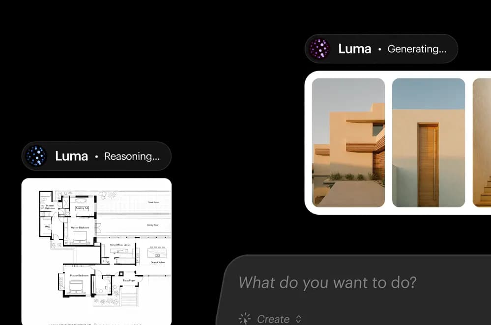 Luma Agents in Aktion: Ein einzelner Prompt verzweigt sich in einen Reasoning-Durchgang über eine Grundriss-Referenz, gefolgt von einem Generierungs-Durchgang, der mehrere Architektur-Renderings erzeugt, von Luma