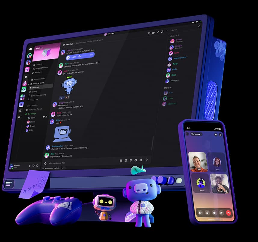 チャンネル、メッセージ、Discordのロボットマスコットが表示されたDiscordのデスクトップおよびモバイルインターフェース(出典:Discord)