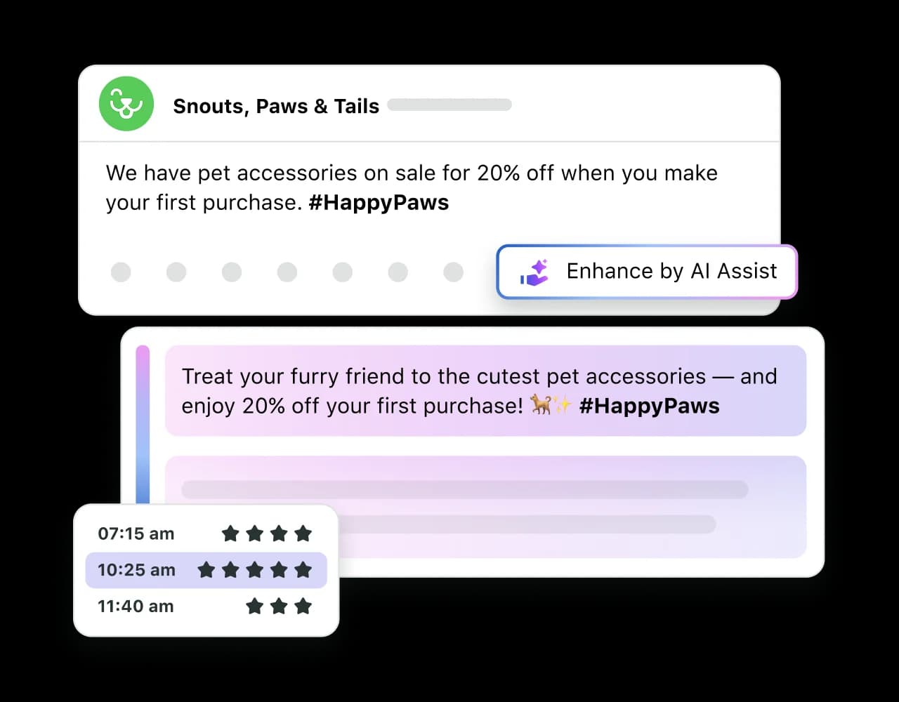 Sprout's Enhance by AI Assist rewriting a social post, with the reply-side version of this feature gated to the Advanced plan, as taken from Sprout Social