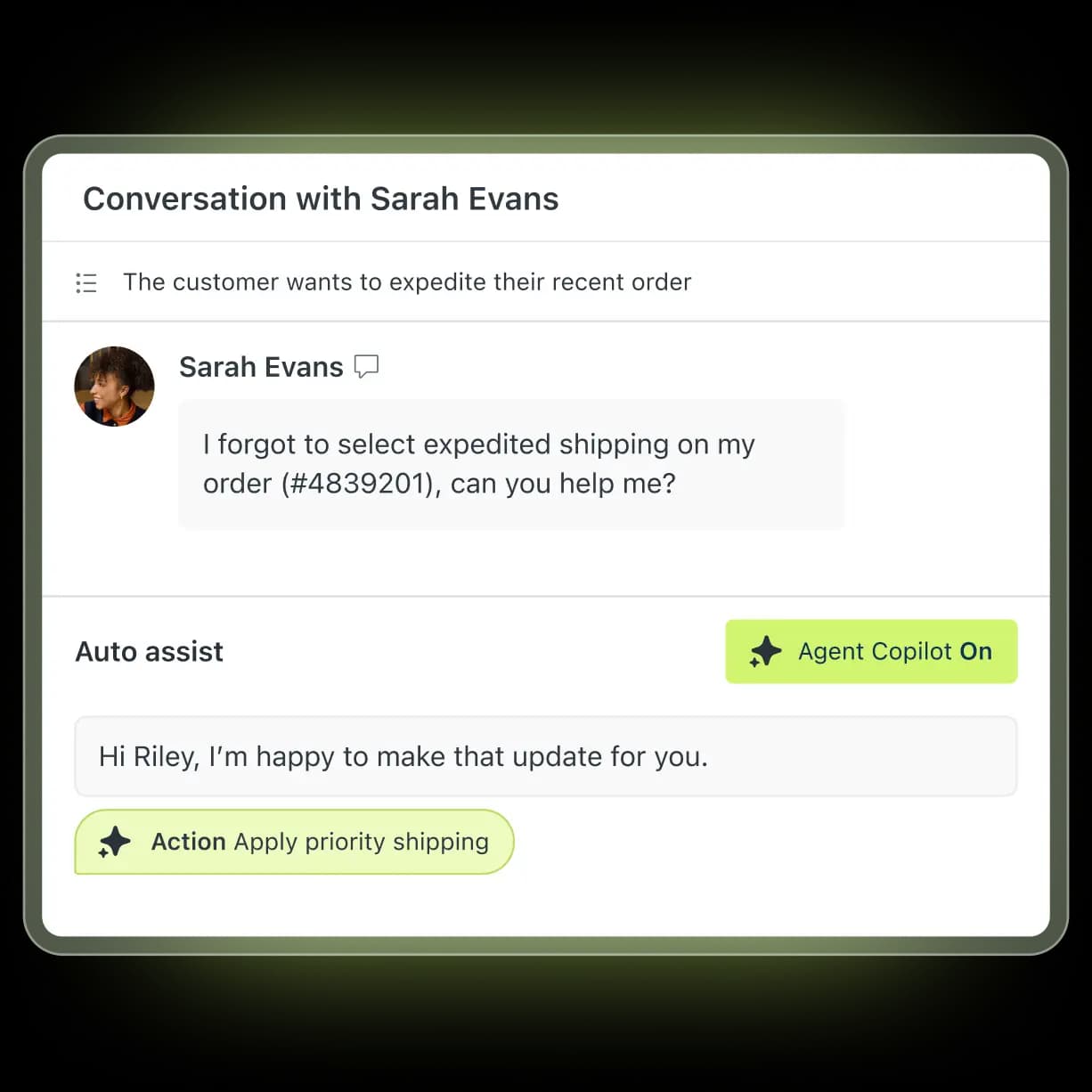Agent Workspace conversation with Sarah Evans, an Auto Assist panel suggesting a reply about expedited shipping, and an "Apply priority shipping" action button, as taken from Zendesk