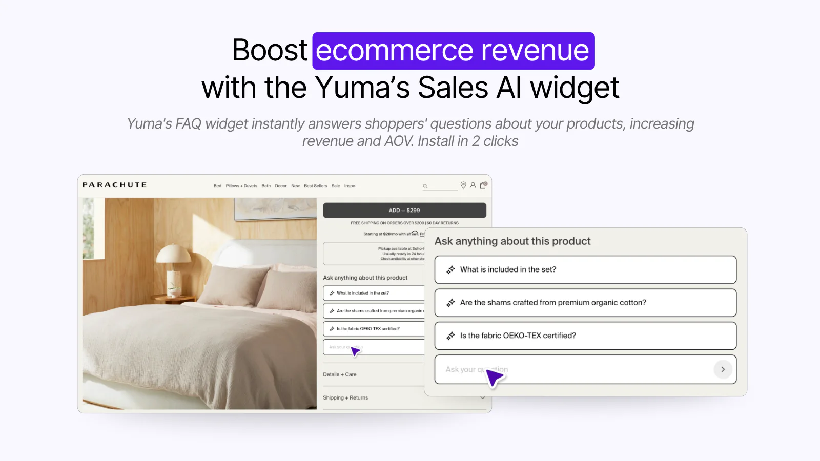 Yuma Sales AI product Q&A widget on a Shopify product page, as taken from Yuma AI
