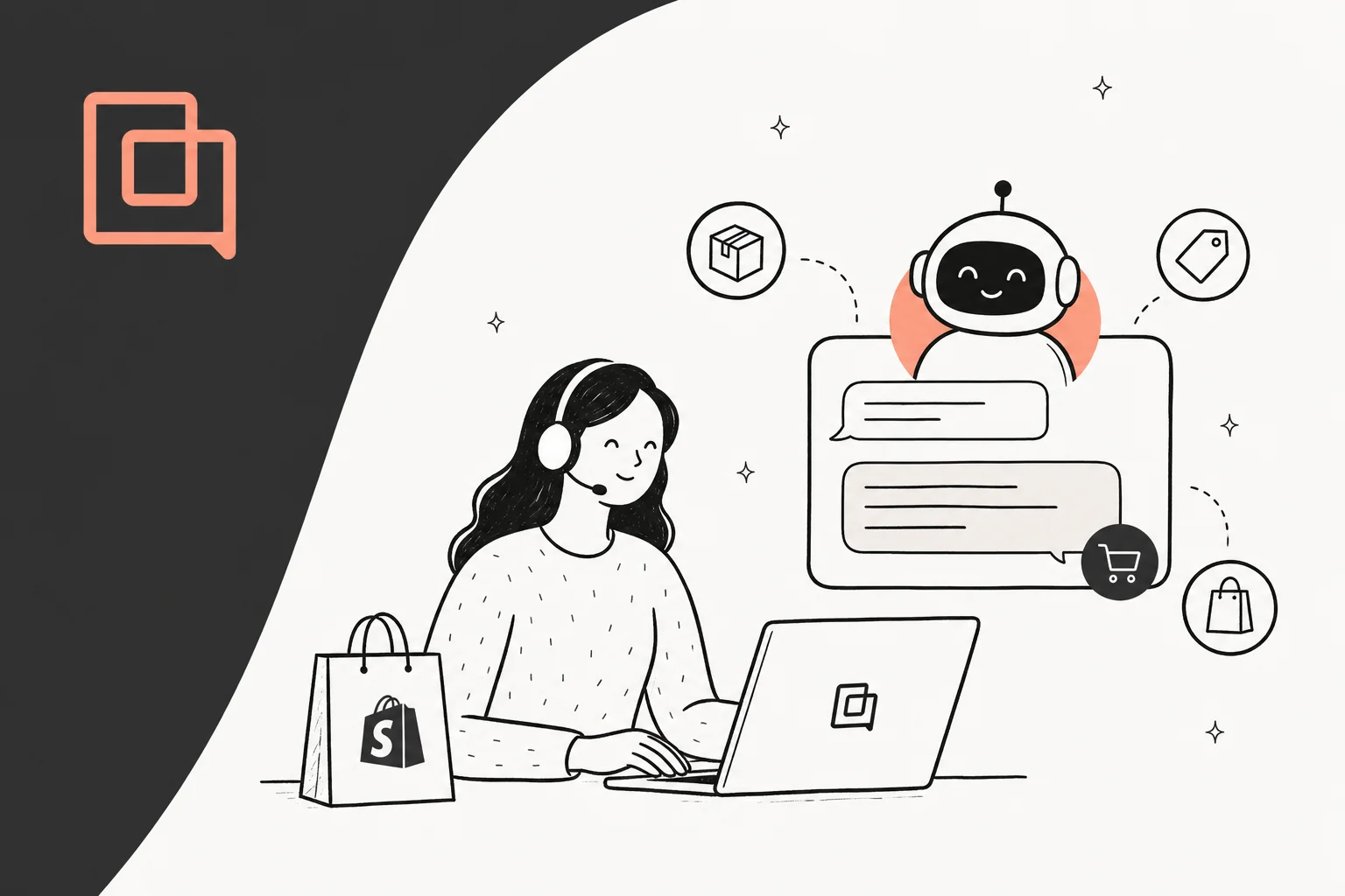 Illustration eines Support-Mitarbeiters und eines KI-Chatbots, die Shopify-Ecommerce-Gespräche bearbeiten