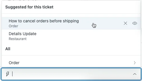 The Zendesk suggested macros panel showing AI-recommended macros for the current ticket, as documented by Zendesk
