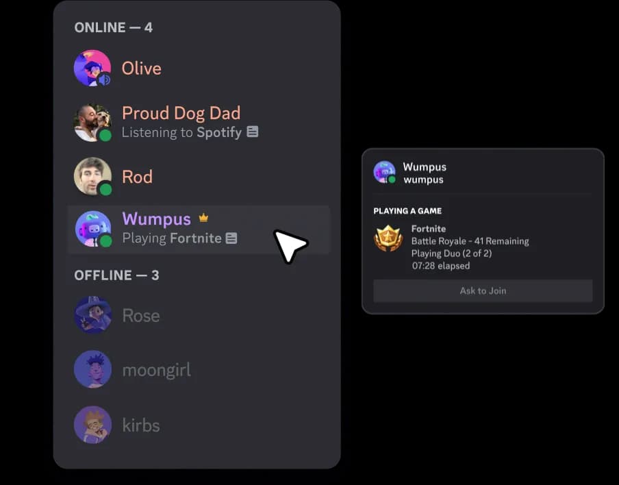 4人のオンラインフレンドとそのゲームステータスが表示されたDiscordのフレンドリスト(出典:Discord)