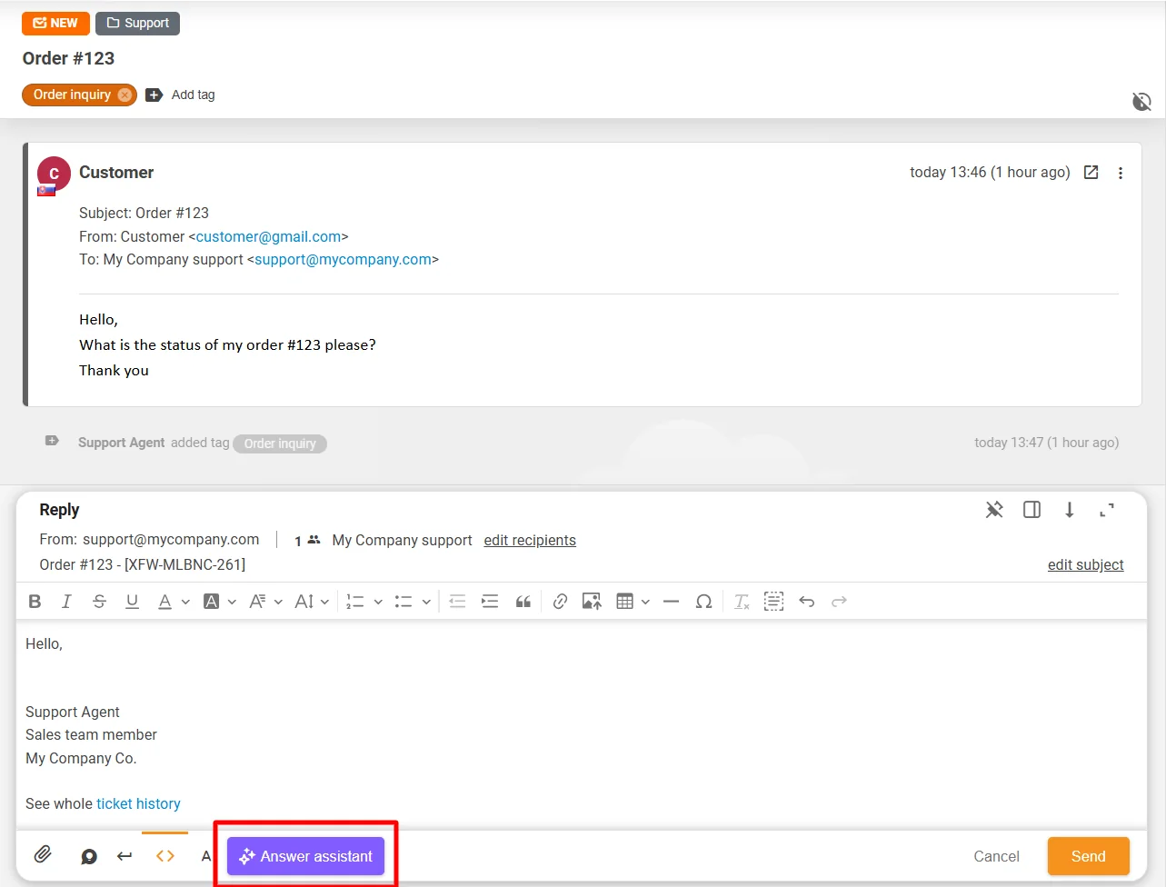 LiveAgent's ticket reply editor with the purple Answer assistant button highlighted at the bottom, as taken from LiveAgent