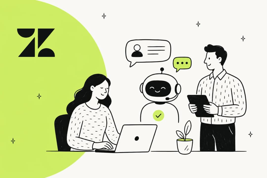 Redaktionelle Illustration eines Zendesk KI-Agenten, der über Wissensquellen und Kundengespräche nachdenkt