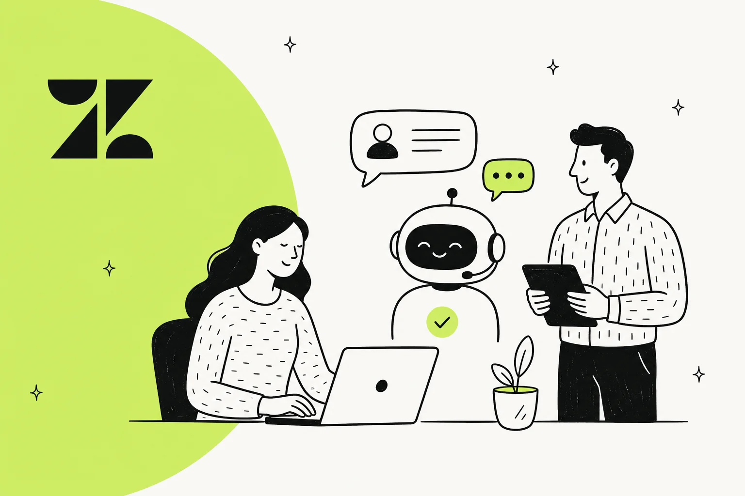 Redaktionelle Illustration eines Zendesk KI-Agenten, der über Wissensquellen und Kundengespräche nachdenkt