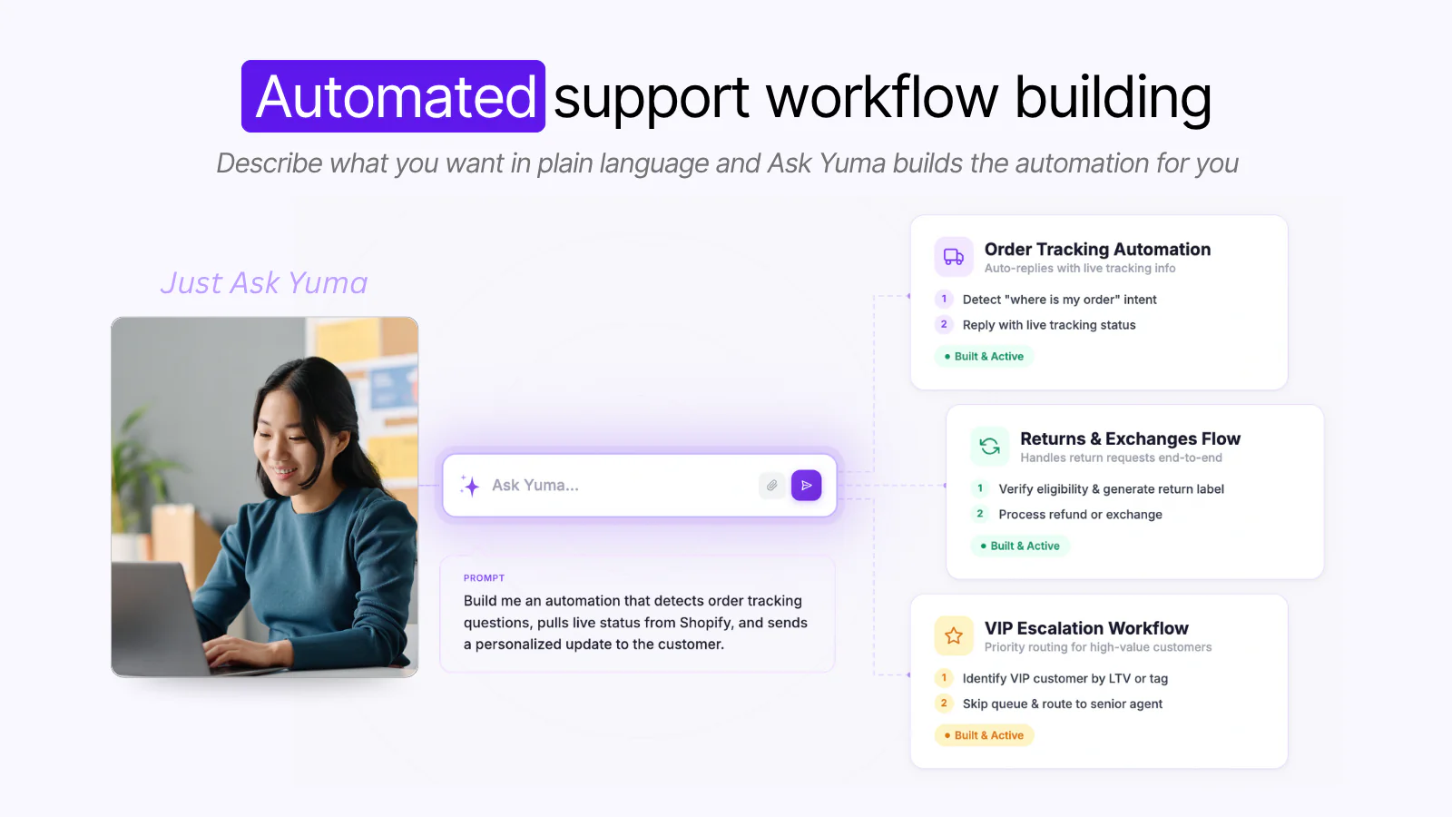 Yuma's Ask Yuma feature building an automated support workflow from a plain-language prompt, as taken from the Shopify App Store