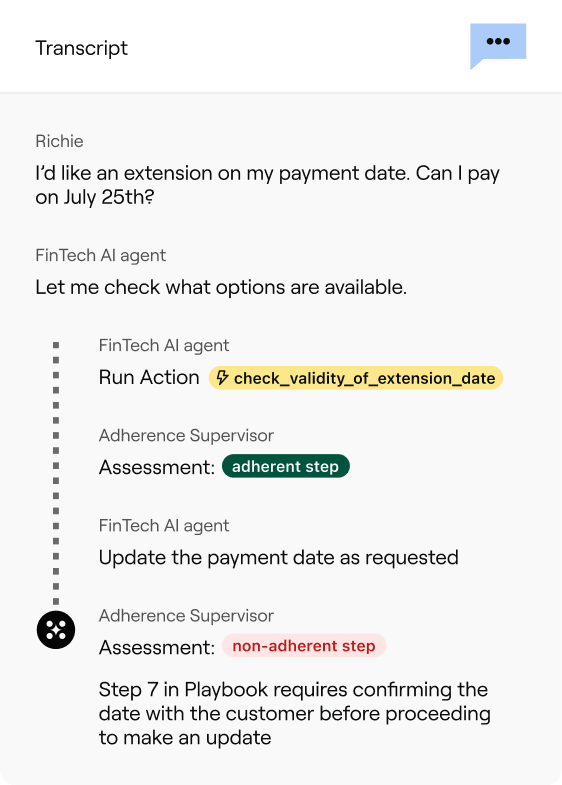 An Ada transcript firing Run Action check_validity_of_extension_date, with an adherence supervisor marking one later step non-adherent, as taken from Ada