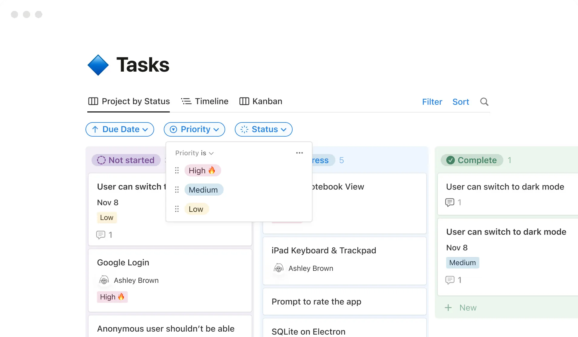 Visualização kanban filtrada no Notion mostrando o quadro de tickets com opções de filtro personalizadas
