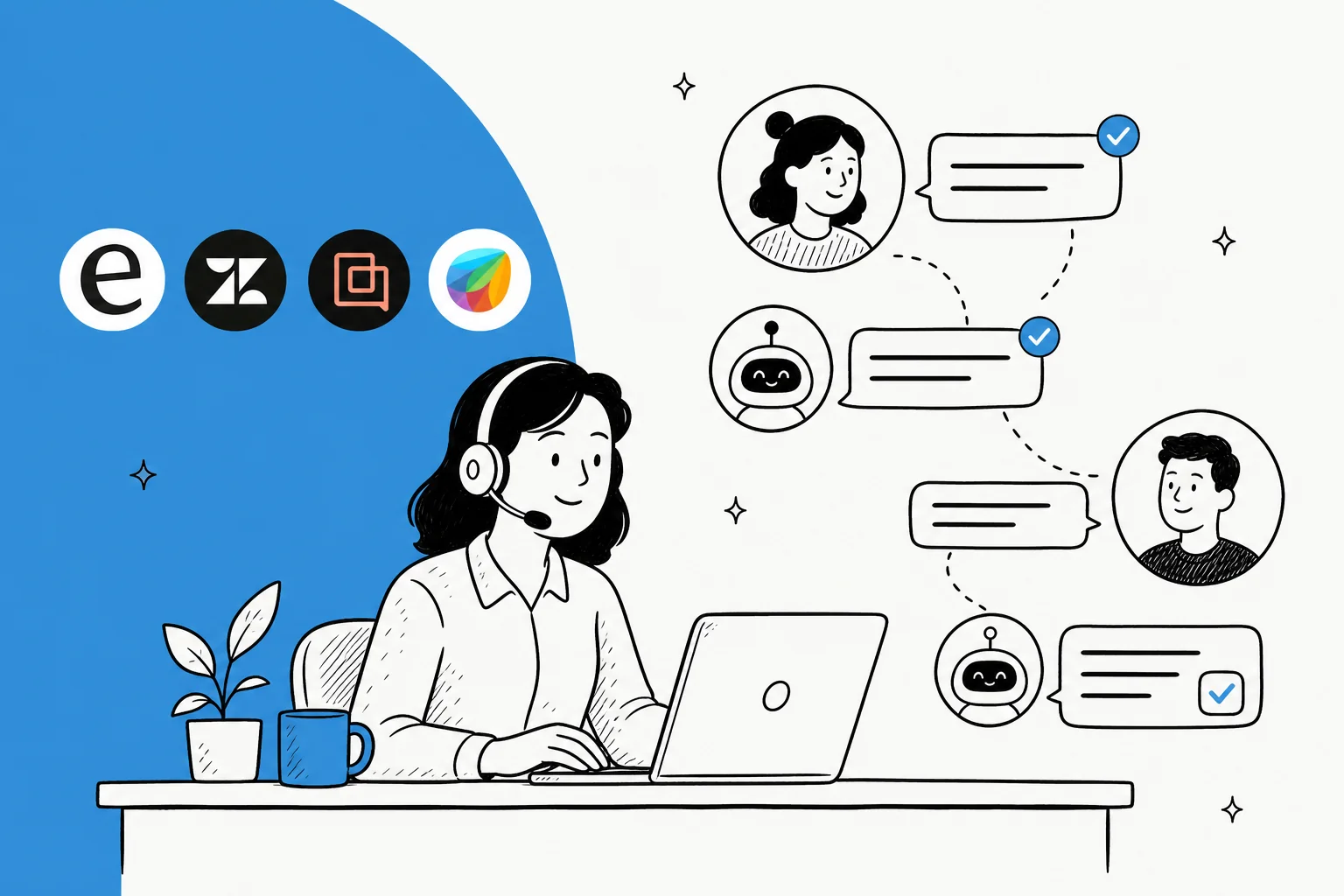 ヘルプデスクのロゴとともに、AIチャットの吹き出しと並んで作業するサポート担当者のイラスト