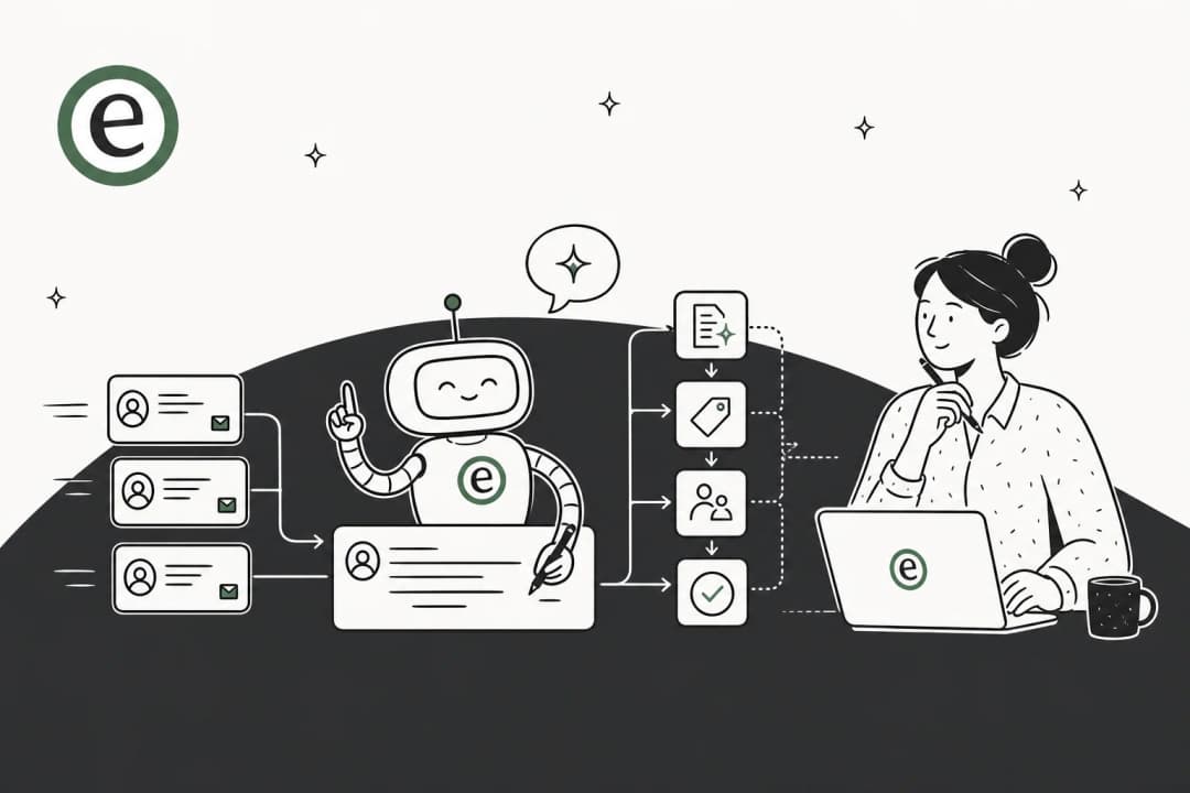 Illustrated hero banner showing an inbox of customer support tickets flowing through an AI helper that triages, drafts, and resolves them, with a human reviewer alongside.