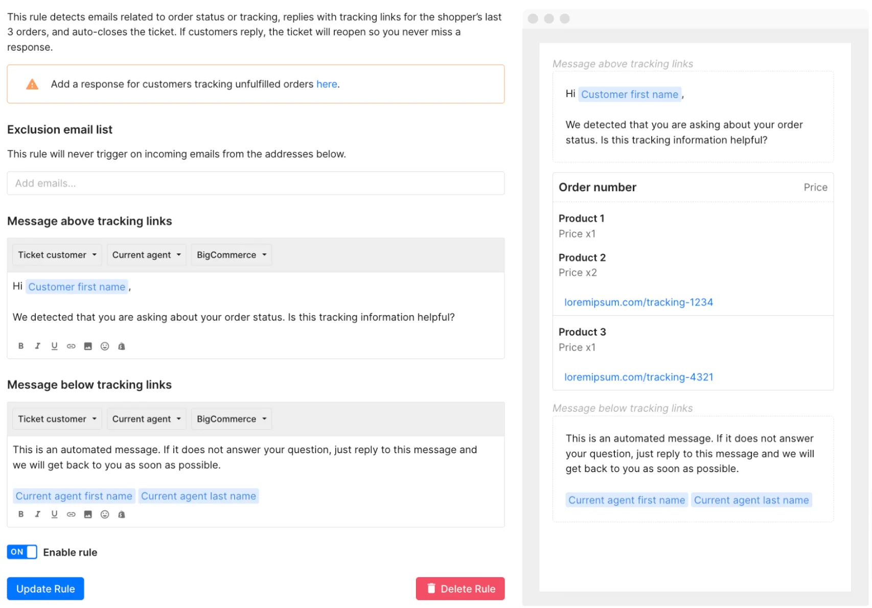 Gorgiasのsend-tracking-informationルールエディタが変数チップと自動返信のライブプレビューを表示している、Gorgiasより
