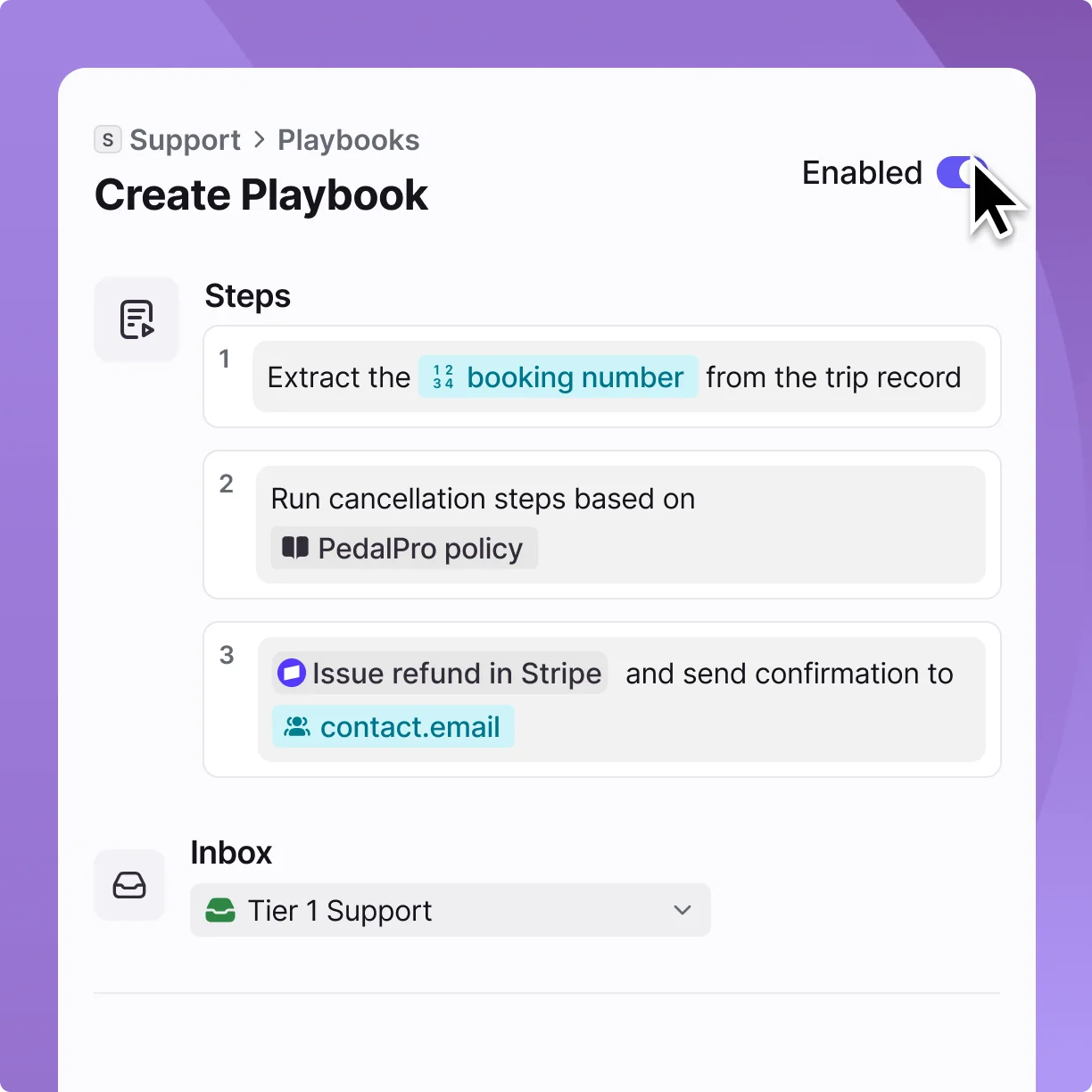 特定のインボックスに紐付けた多段階の解決フローを定義するFront AutopilotのPlaybooks(Frontより)