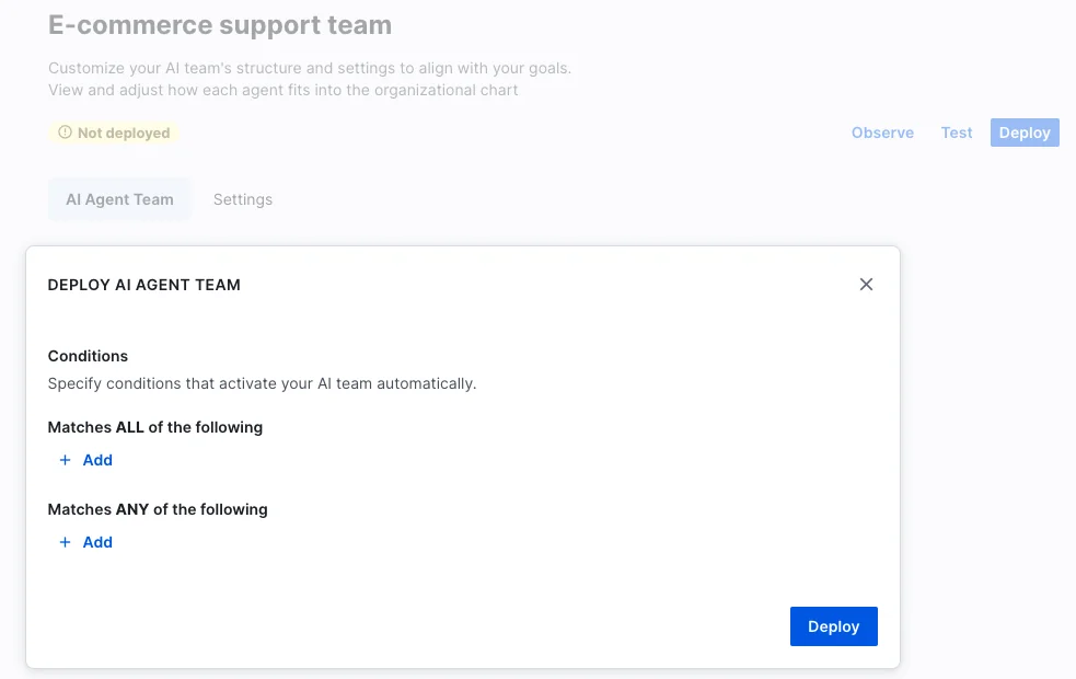 Kustomer AI Agent Team builder with a deploy modal, showing Observe, Test and Deploy tabs and a Not deployed badge, as taken from Kustomer
