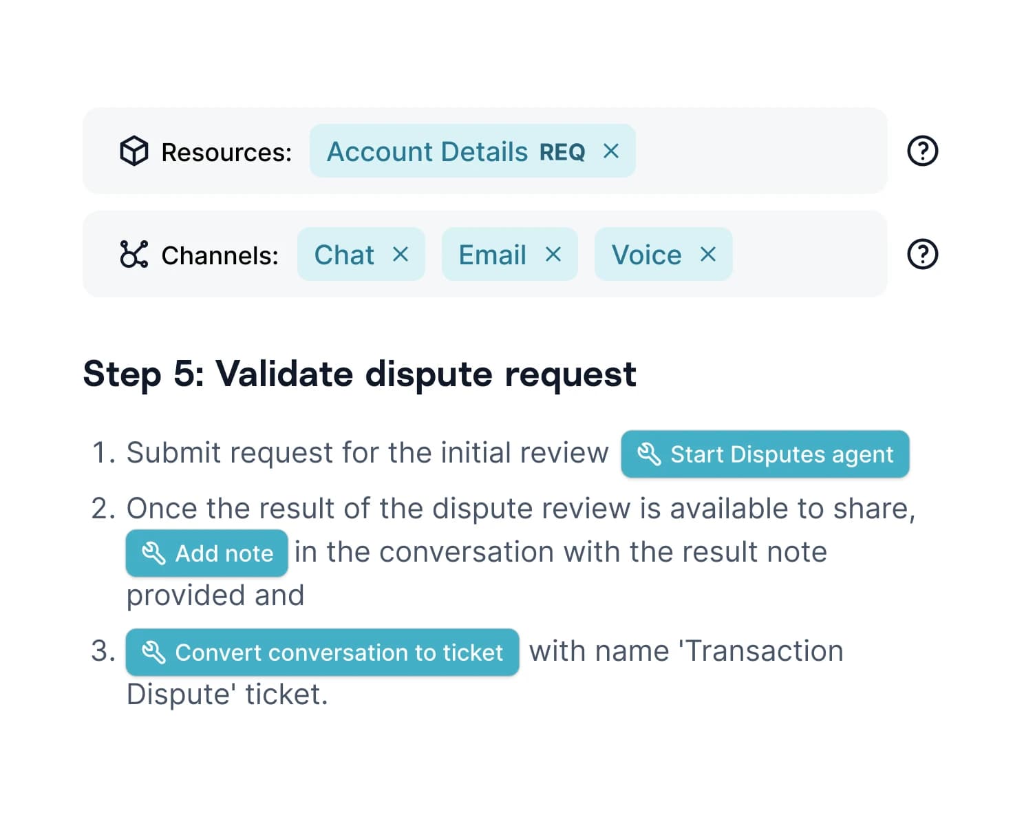 A natural-language procedure in Gradient Labs, with resources, channels, and step actions, as taken from Gradient Labs