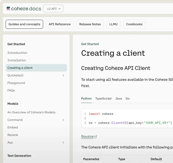 Cohere Entwicklerdokumentation-Seitenleiste mit Command, Embed, Rerank und Aya Modellen, von docs.cohere.com