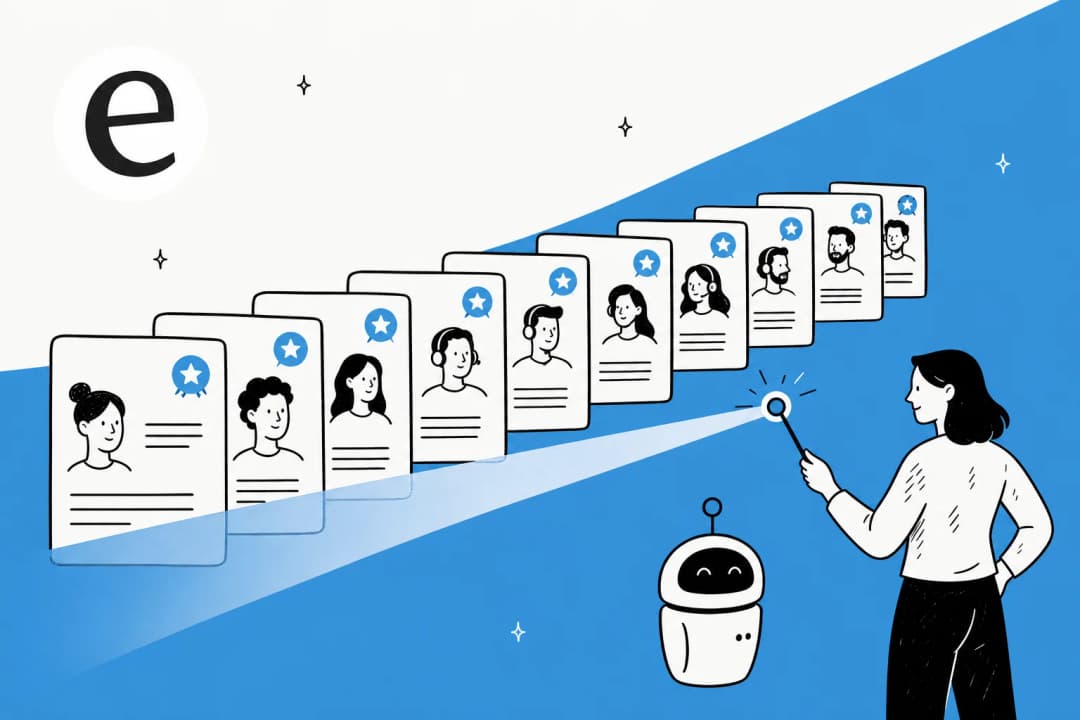 Editorial illustration of support conversations being automatically scored, one review pass sweeping across the whole stack