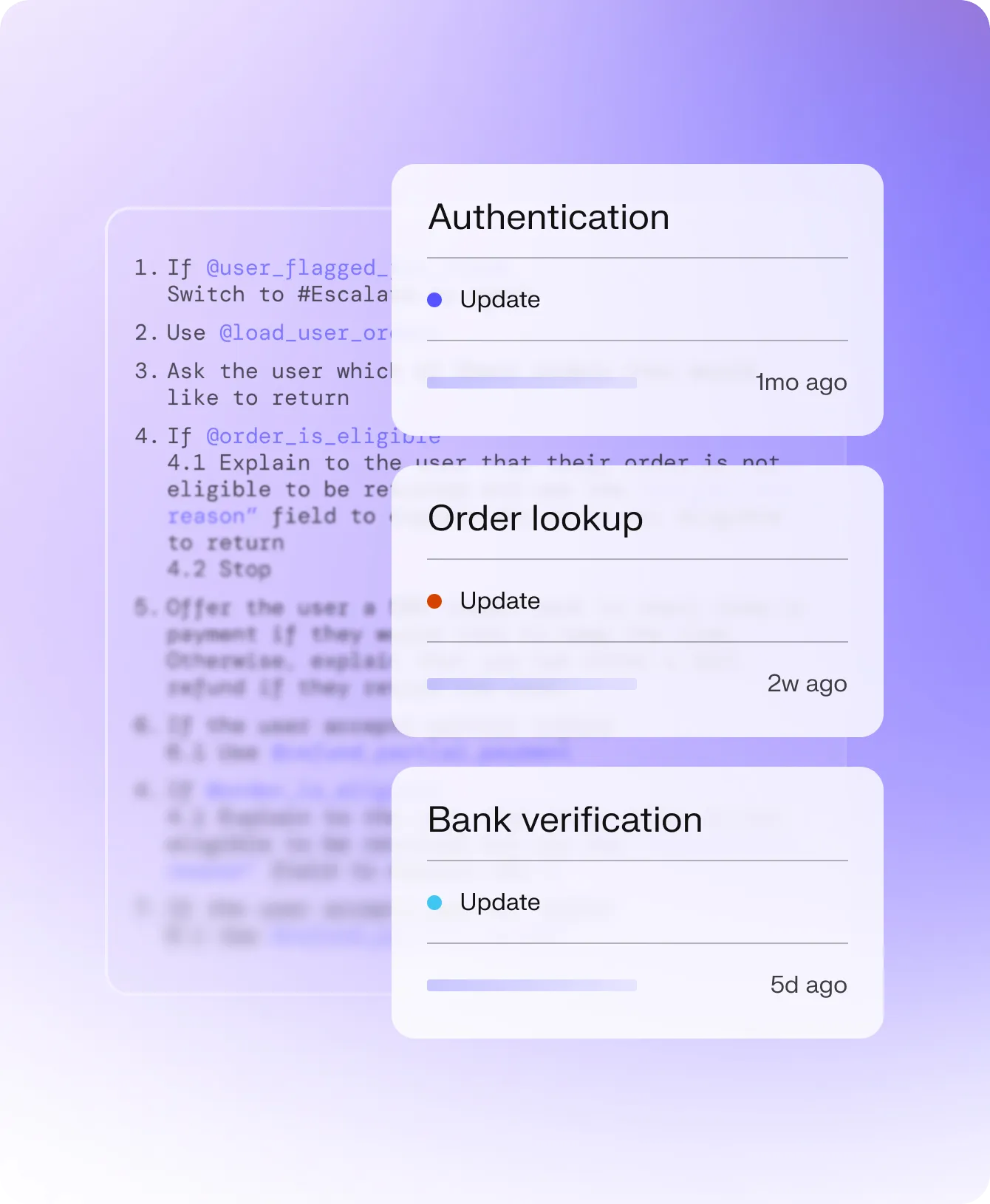 Decagon's Agent Operating Procedure editor, with a numbered rule script beside tool cards for Authentication, Order lookup and Bank verification, as taken from Decagon