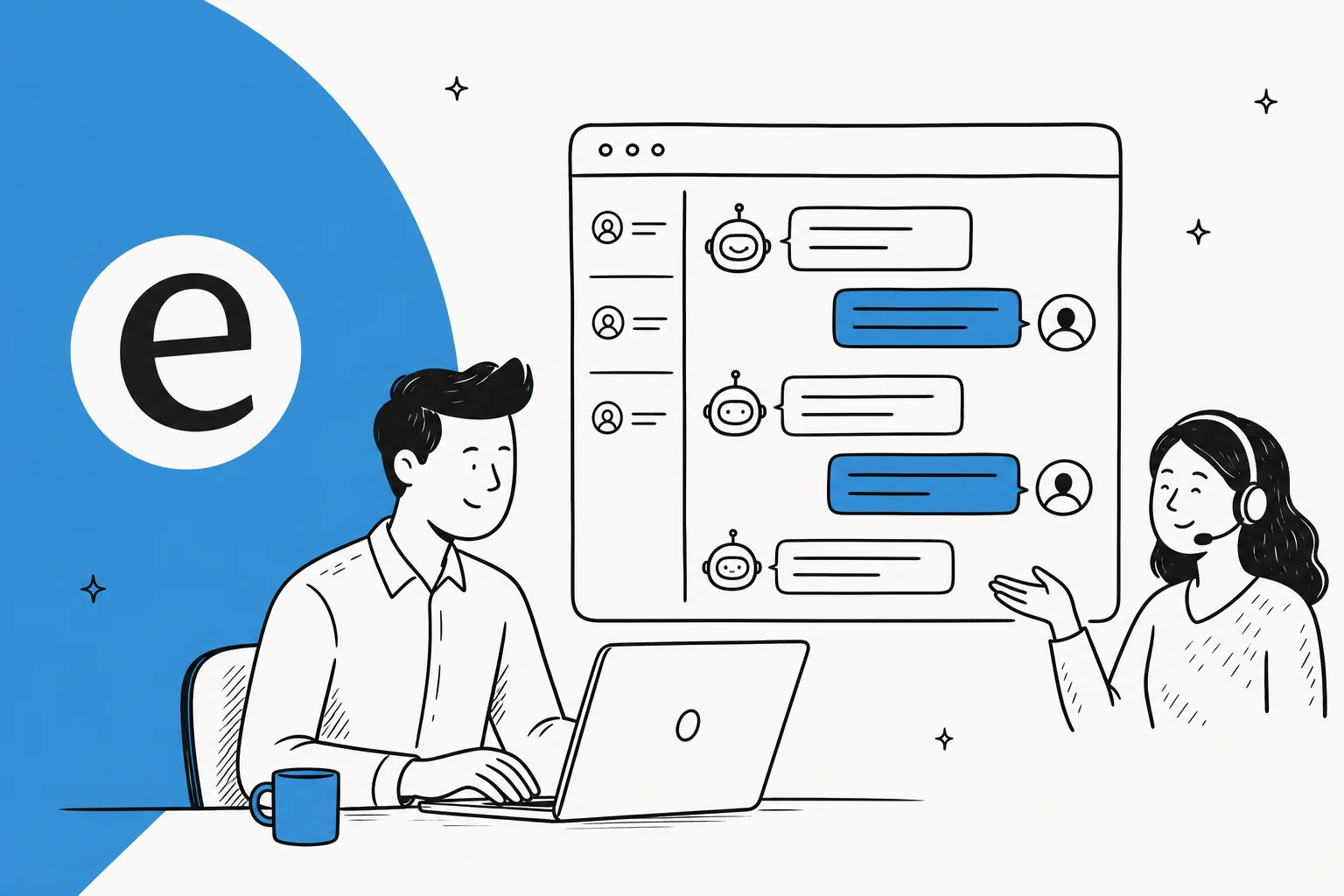 Illustrated hero showing live chat message templates on a support screen
