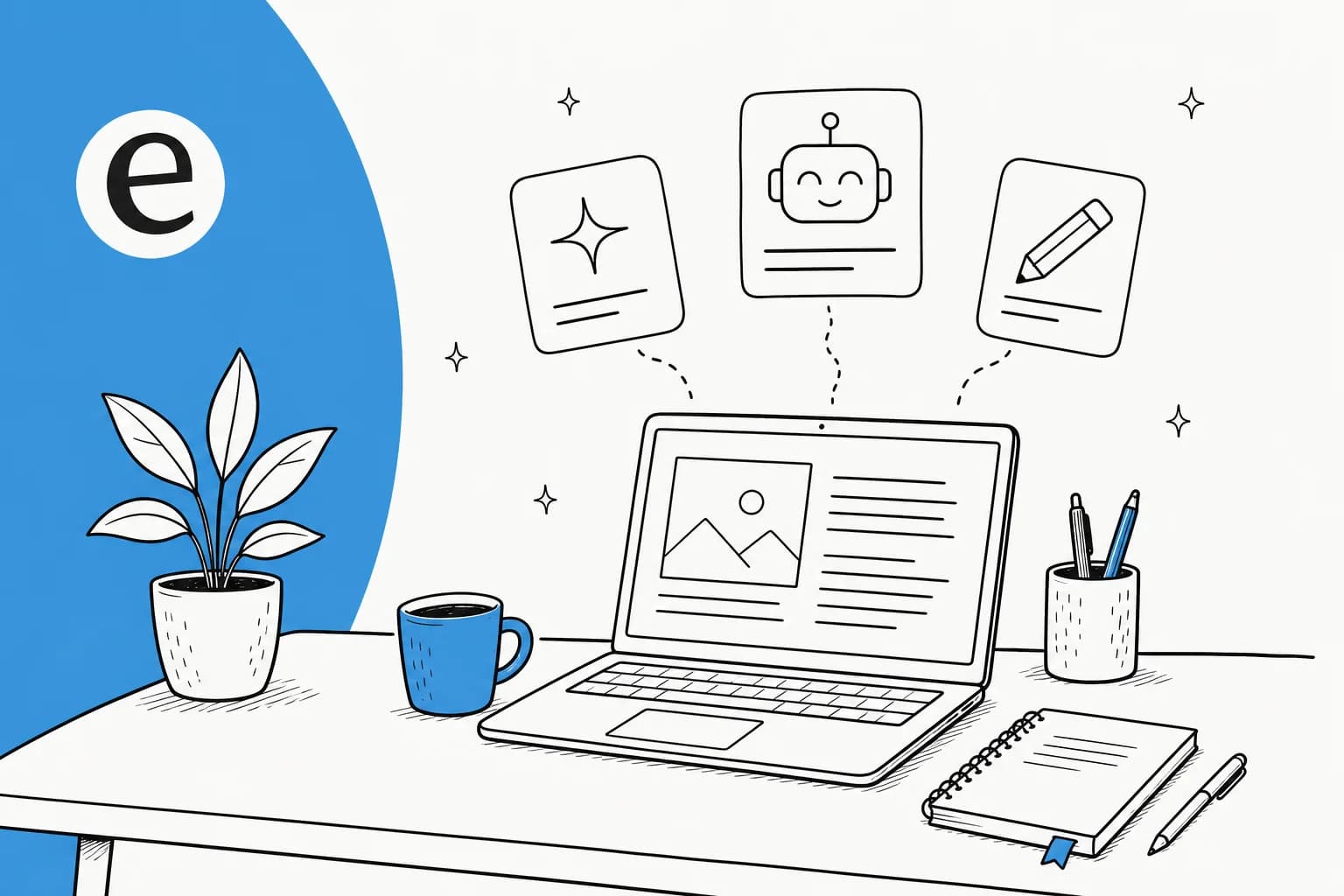 Redaktionelle Illustration eines KI-Blog-Schreib-Arbeitsplatzes mit schwebenden Tool-Karten und einem eesel-blauen Akzent