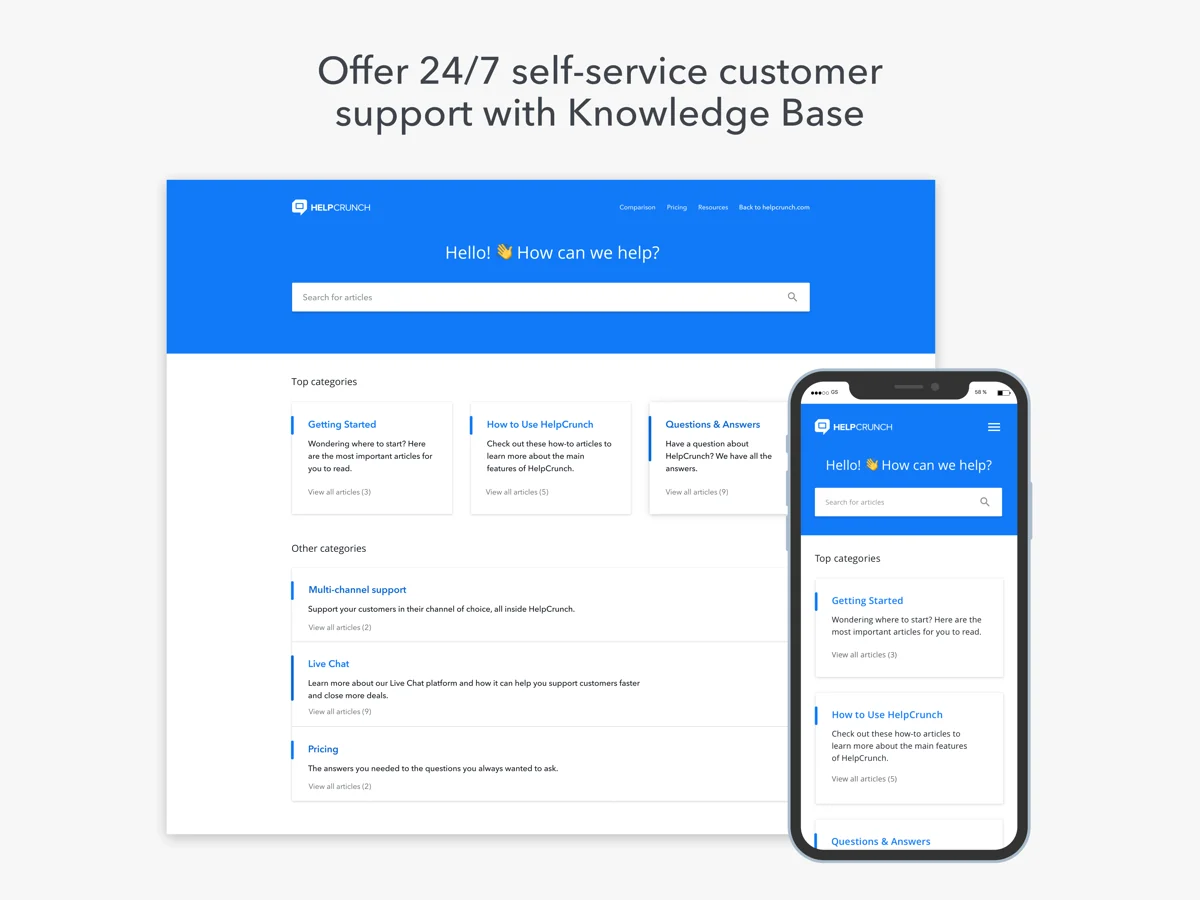 HelpCrunch Self-Service-Wissensdatenbank-Hilfecenter auf Desktop und Mobilgerät, entnommen aus HelpCrunch