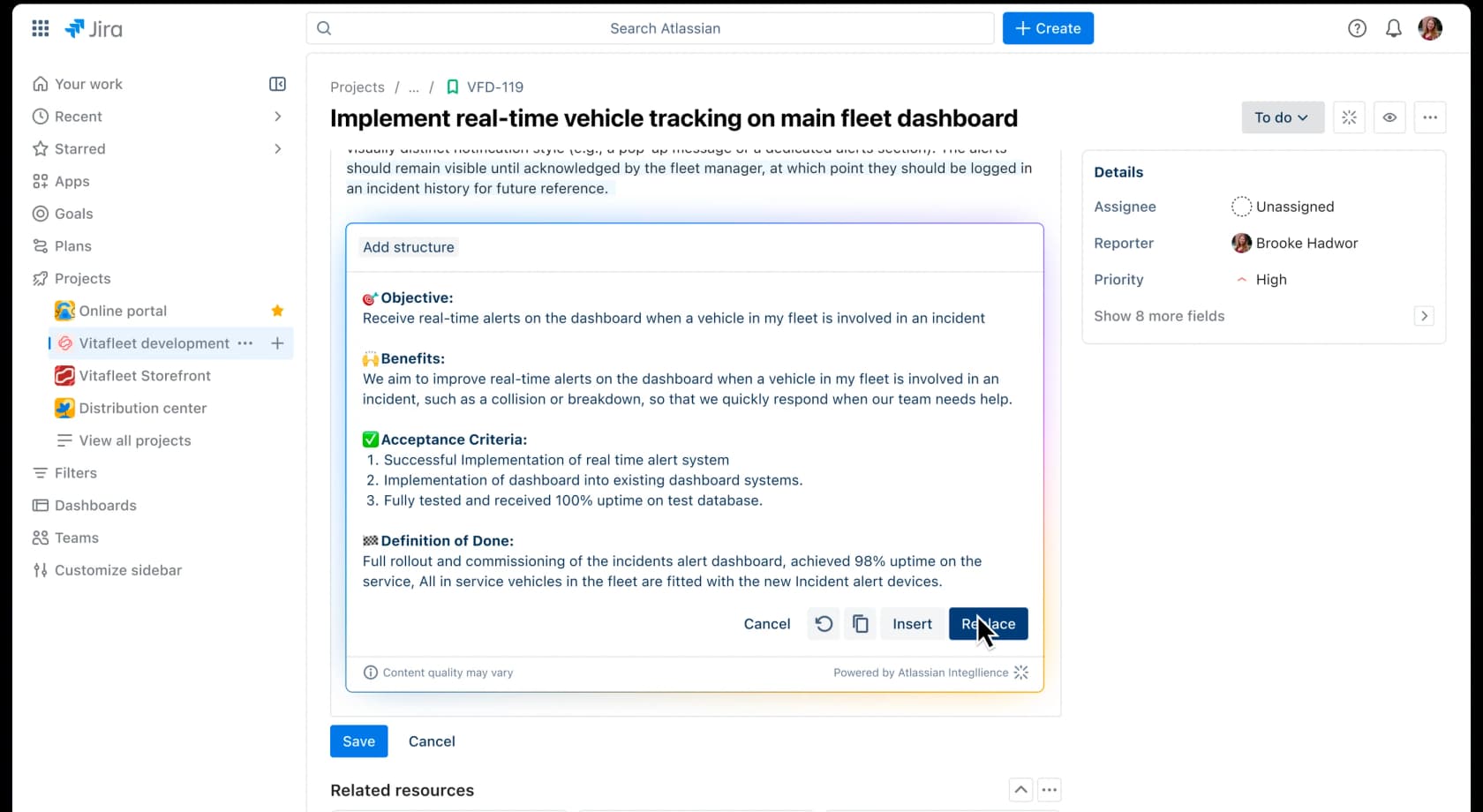 Atlassian Intelligence reformatting an issue in Jira - the AI restructures a freeform description into a consistent template, as taken from Atlassian Support