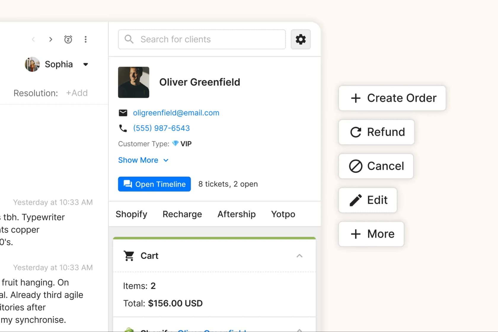 Gorgias ticket sidebar showing a customer's Shopify profile, cart total, and one-click Create Order, Refund, Cancel, and Edit actions, as taken from Gorgias