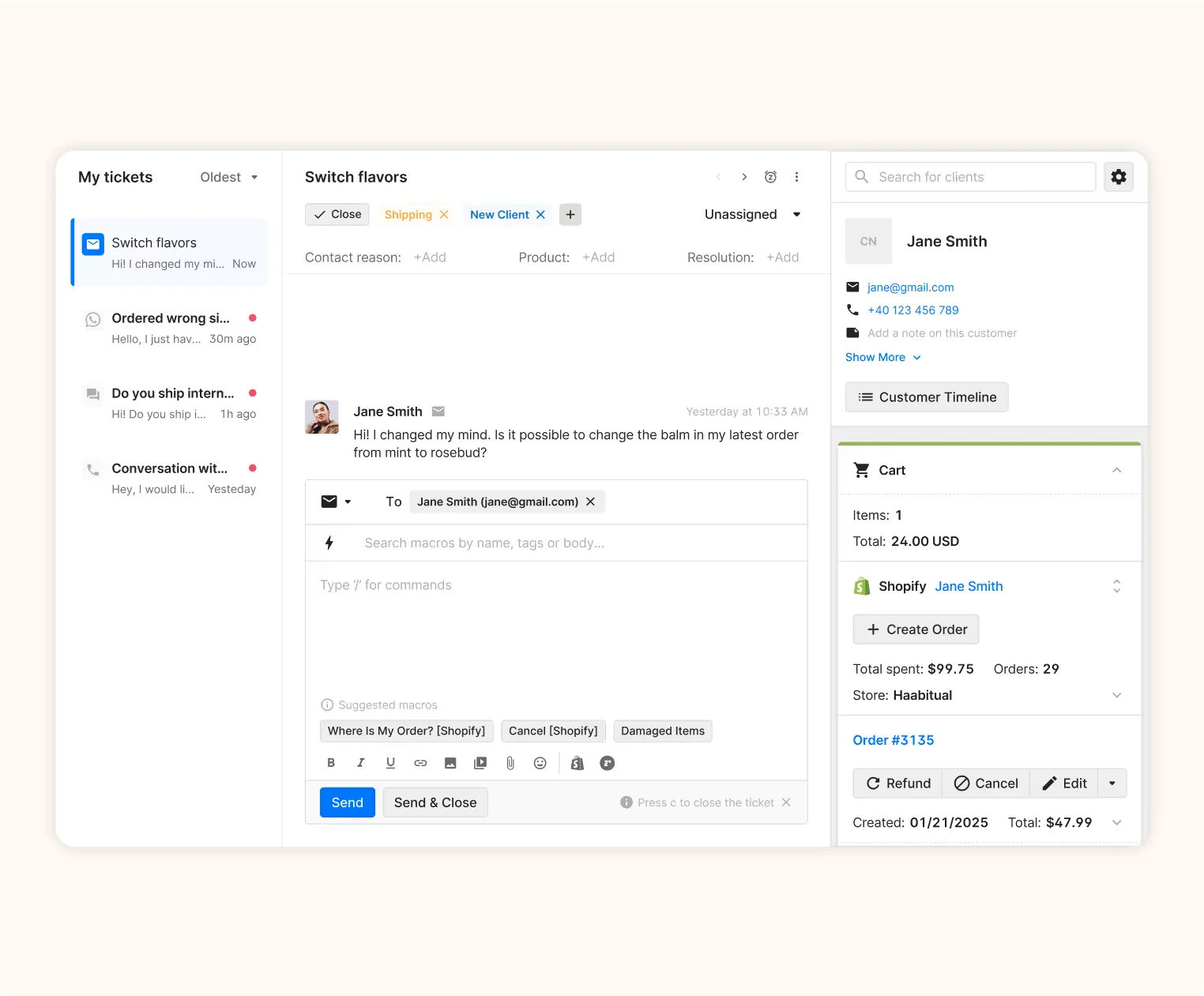 The Gorgias helpdesk workspace with a ticket open and a Shopify order/refund panel on the right, as taken from Gorgias