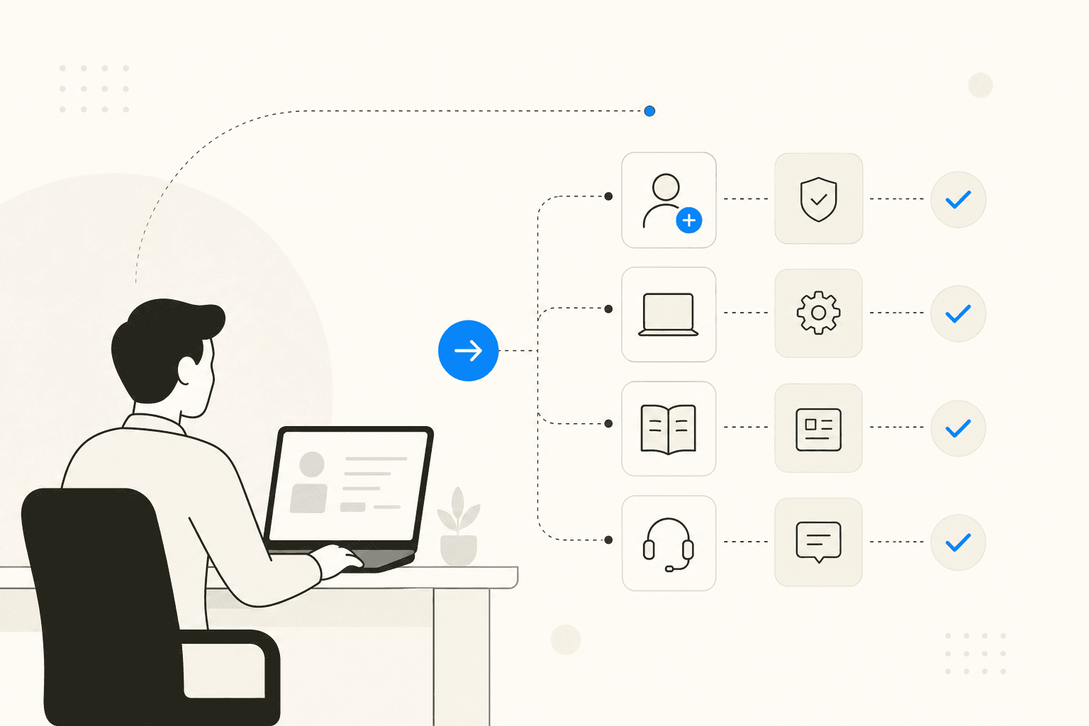 Flat illustration showing a new employee connected to automated IT onboarding flows