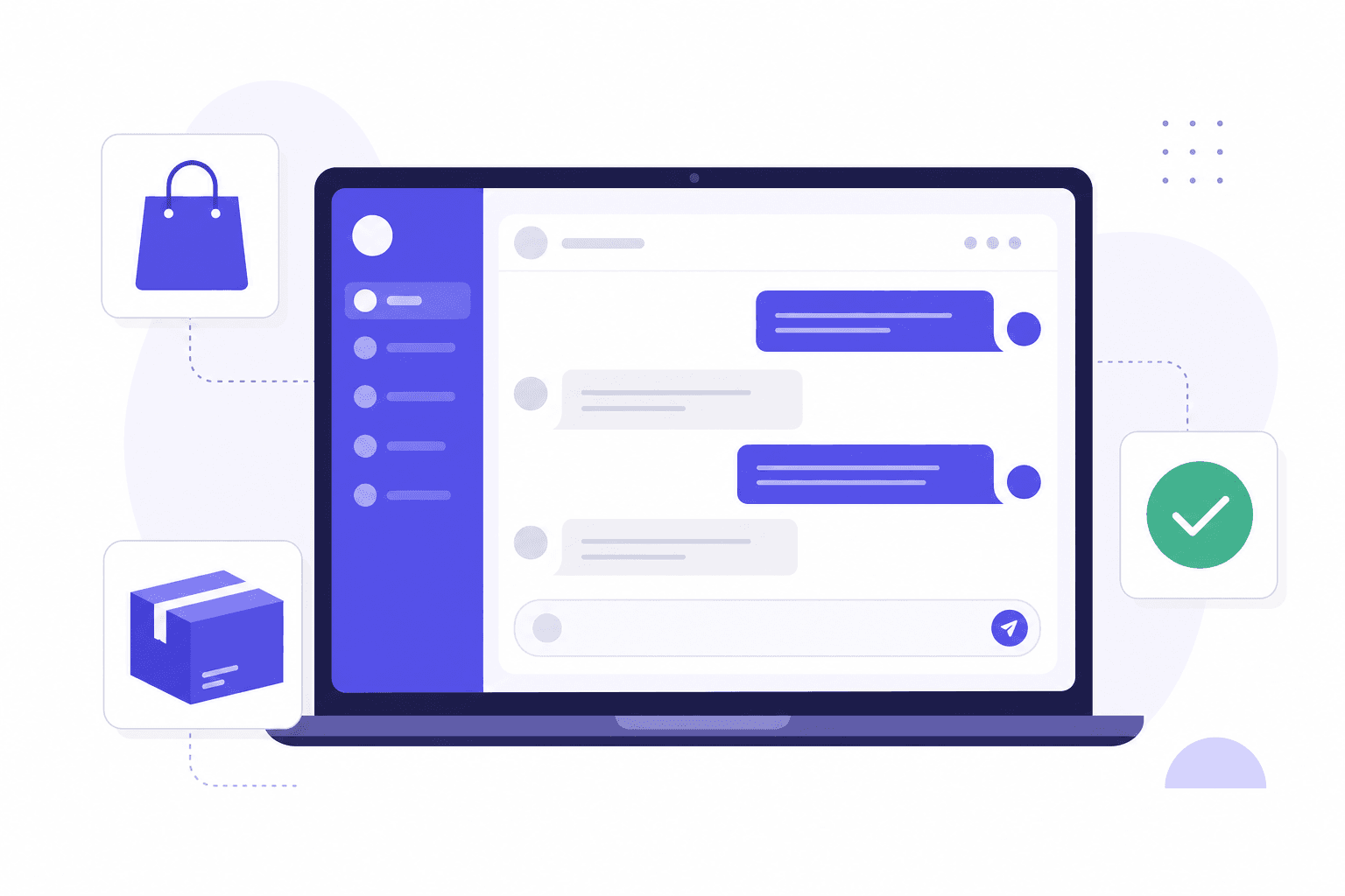 Flat illustration of a support chat interface with ecommerce icons on a light background