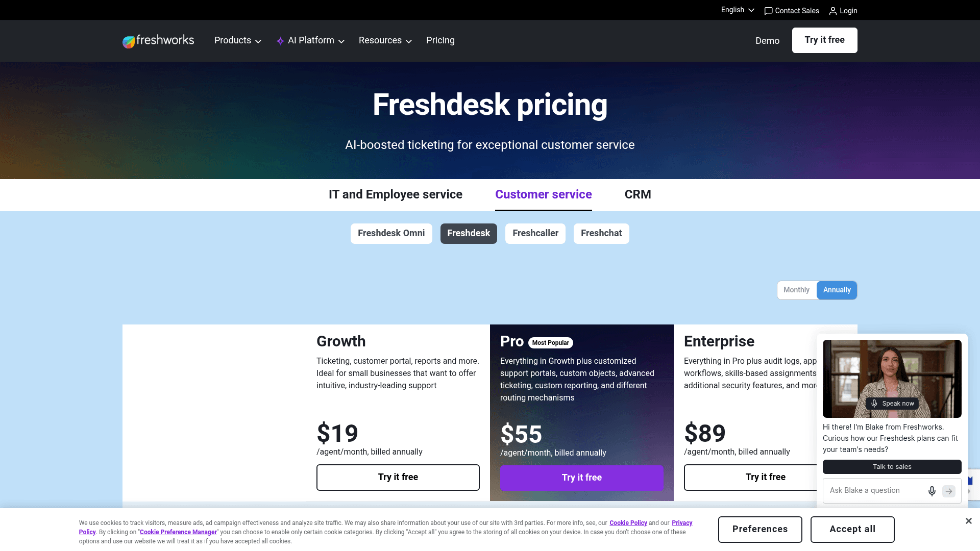 Freshdesk pricing page - Growth, Pro, Enterprise plans