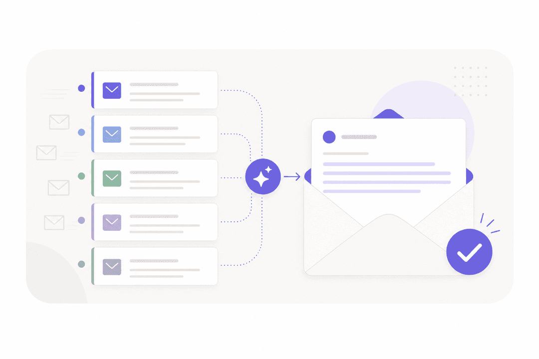 Abstract flat illustration showing organized email inbox with AI-assisted reply drafts