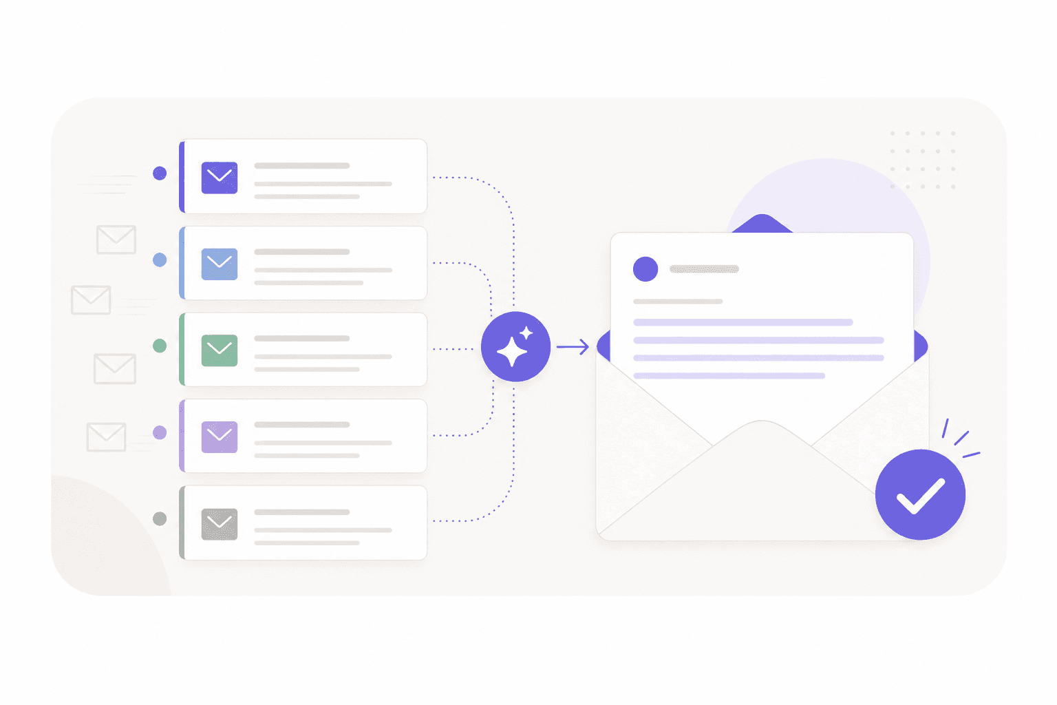 Abstract flat illustration showing organized email inbox with AI-assisted reply drafts