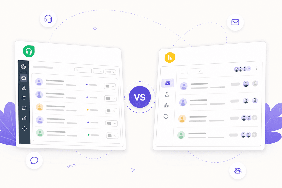 Comparación de Freshdesk vs Hiver - dos tarjetas de producto de helpdesk una al lado de la otra