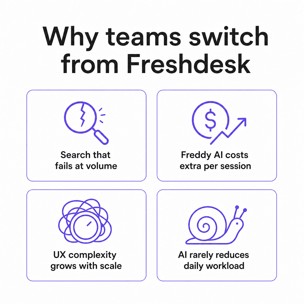 Four pain points that send teams away from Freshdesk: search failure, Freddy AI session costs, UX complexity at scale, and AI that doesn't reduce daily work