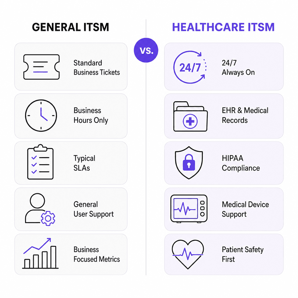 How healthcare ITSM compares to general ITSM: side-by-side comparison showing 24/7 requirements, EHR dependencies, HIPAA compliance, and patient safety implications on the healthcare side versus standard business hours, typical SLAs, and office IT on the general side