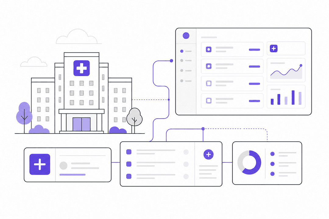 ITSM for healthcare IT: hospital building connected to IT service desk workflow panels