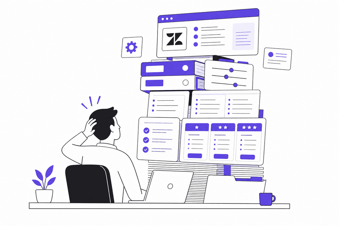 Zendeskの設定と料金の複雑さに圧倒されているサポート担当者のイラスト