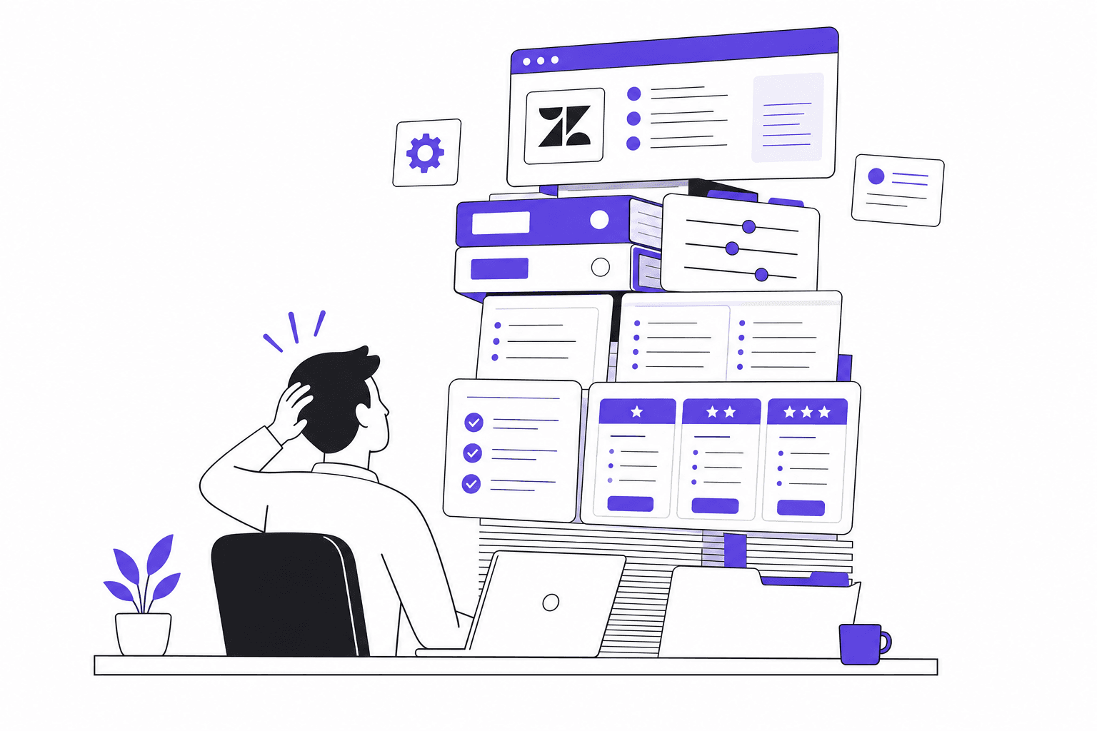 Ilustração de um agente de suporte sobrecarregado pela complexidade de configuração e preços do Zendesk