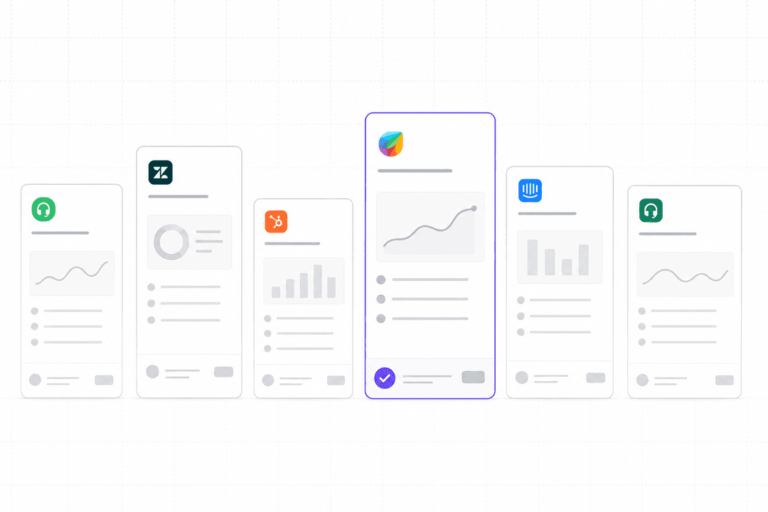 Cards de dashboard representando diferentes plataformas alternativas ao Freshdesk com IA para equipes de suporte ao cliente