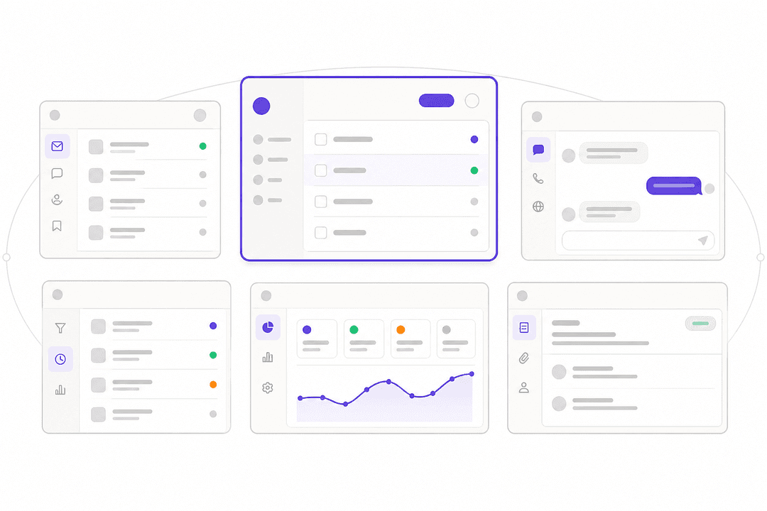 Seis cartões de interface de helpdesk representando alternativas ao Freshdesk para PMEs